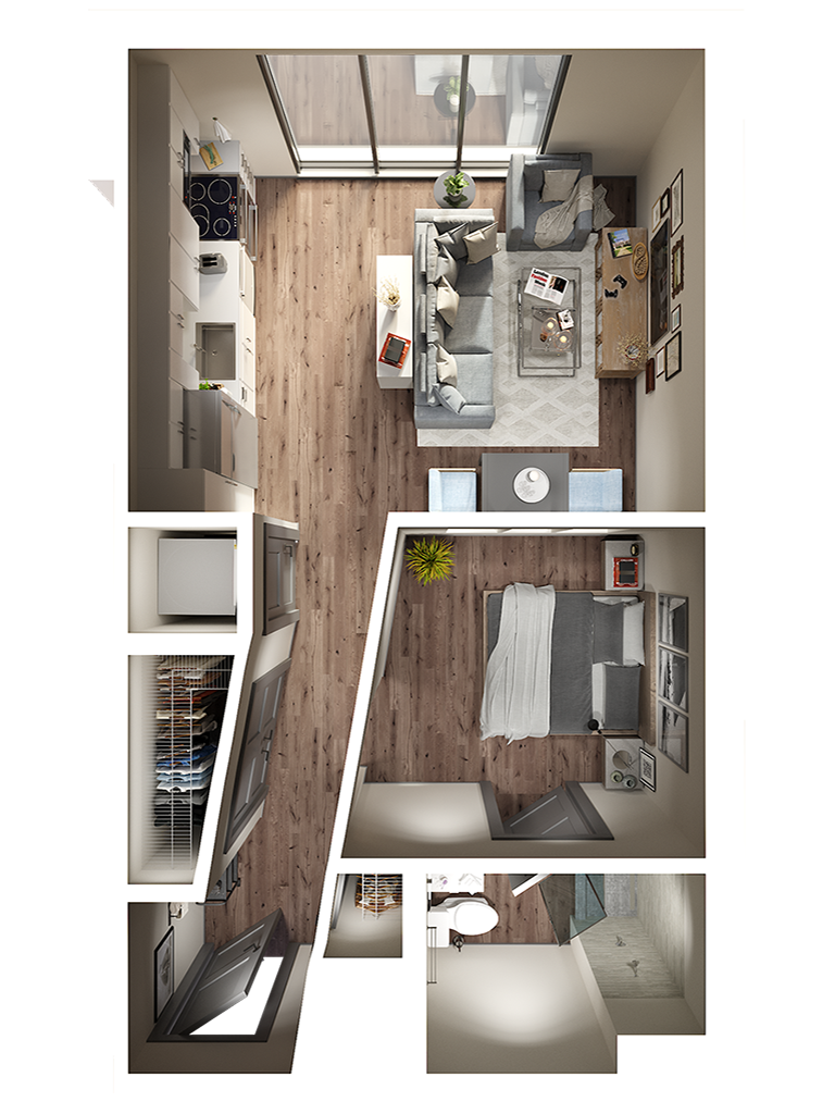 Floor plan for studio, 1 bath, 582 sqft